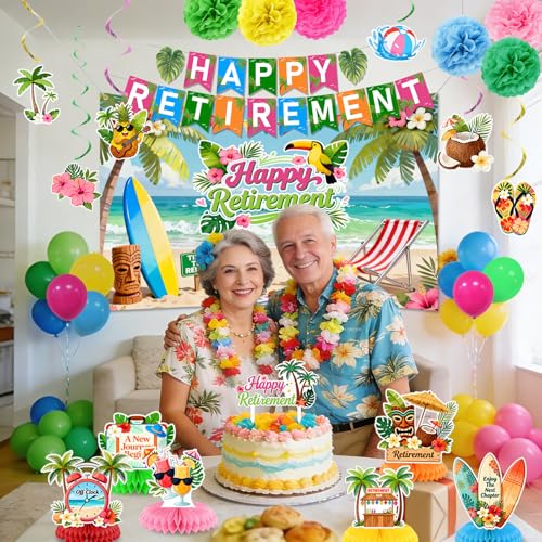 Image of Luau Hawaiian Retirement Party Decorations Tropical Happy Retirement Banner Backdrop with Honeycomb Pom Poms Centerpieces Hanging Swirls Beach Summer Retirement Party Supplies