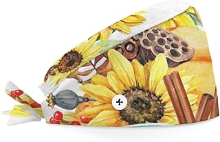 Bouffant Scrub Caps Printed Working Surgical Cap Autumn Harvest Tea Nurse Hats with Buttons and Sweatband Adjustable Tie Back Hat for Women Men Multi Color