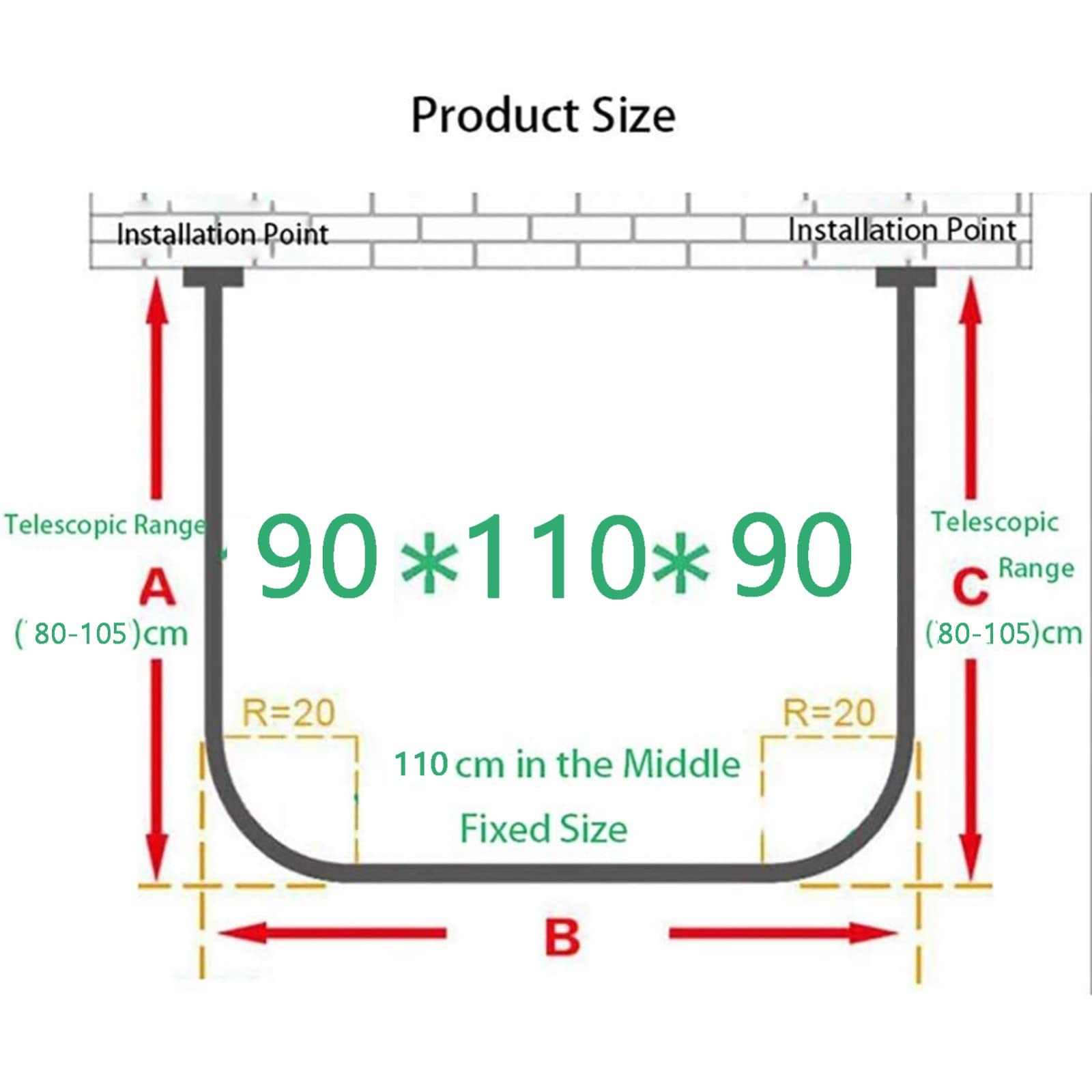 Barre de Rideau de Douche d'angle incurvée en Forme de U, réglable, sans perçage, antirouille, pour Salle de Bain, Baignoire, Cabine d'essayage de vêtements (Dimensions : 90 x 110 x 90 cm)