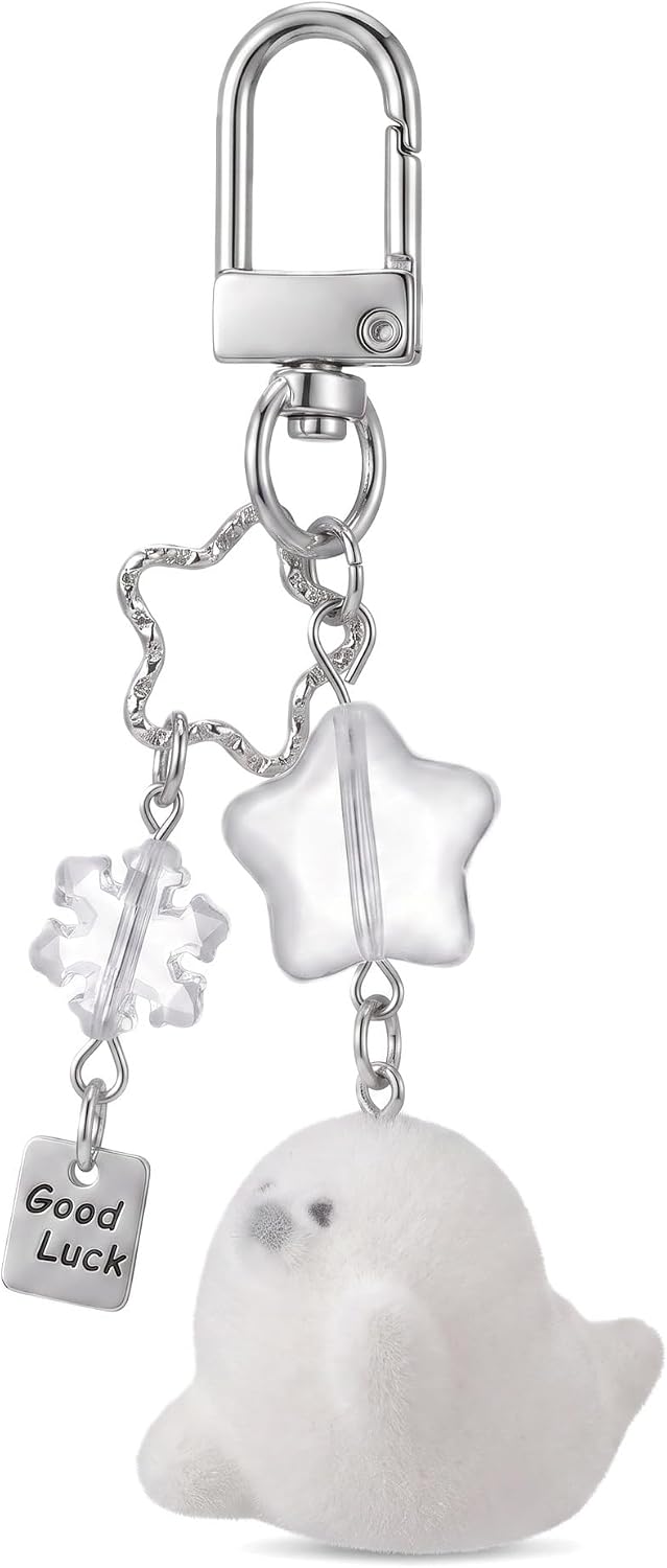 Cute Fluffy White Seal U-Clip Keychain, Winter Snowflake Good Luck Tag Backpack Charm, Healing Emotional Support Mini Animal Bag Accessory, Ideal Blessing Small Gift for Teen Girls Friends