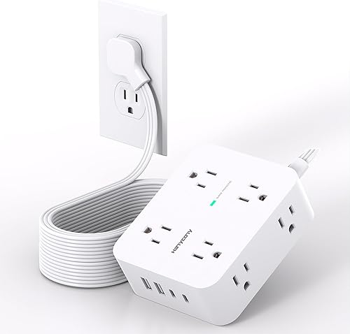 Cable de extensión de 15 pies, regleta de alimentación con 4 puertos USB (2 USB C), 8 salidas protectoras de sobretensiones con enchufe plano,