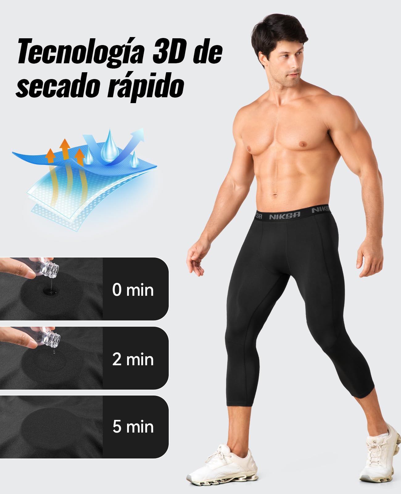 Niksa Pantalones de compresión 3/4 largos para hombre, pantalones deportivos para correr, transpirables, transpirables, para fútbol, baloncesto, fitness