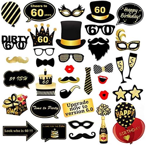 VEGCOO Birthday Photo Booth Props Favor Kits, 35 Count Black and Gold Happy Birthday Decorations on Stick for Men and Women (60th)