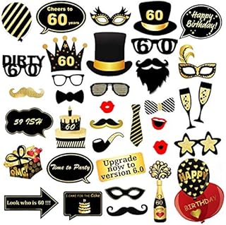 VEGCOO Birthday Photo Booth Props Favor Kits, 35 Count Black and Gold Happy Birthday Decorations on Stick for Men and Women (60th)