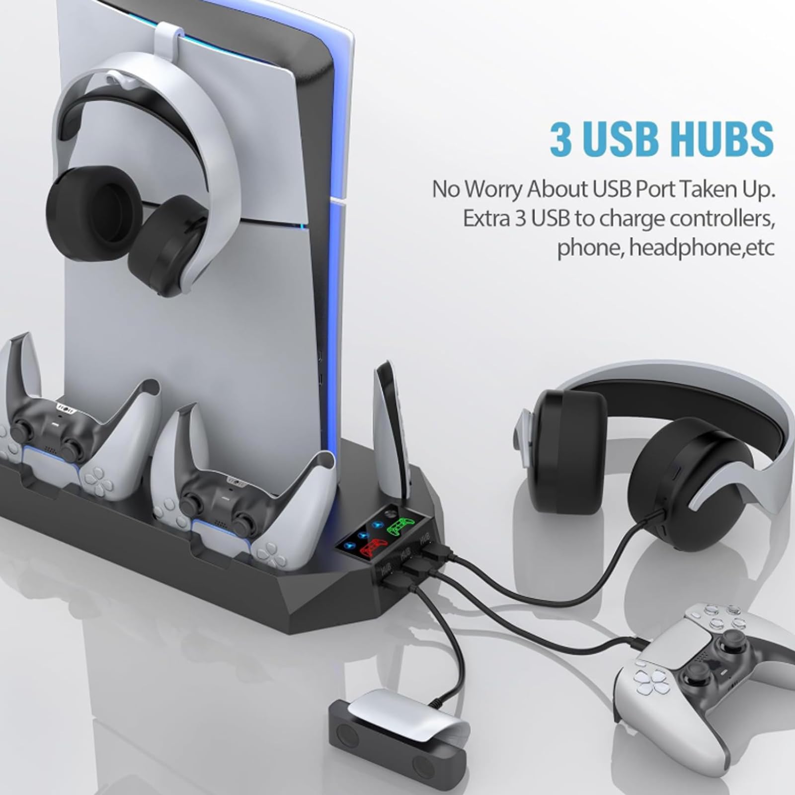 Supporto PS5/PS5 Slim/PS5 Pro con ventola a 3 livelli e 3 porte USB, supporto PS5, stazione di ricarica integrata per controller PS5 con indicatore LED e supporto per cuffie per PS5/PS5 Slim accessori