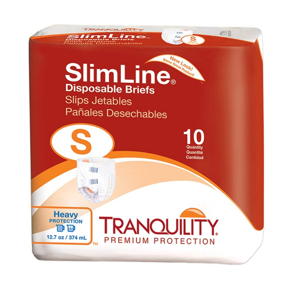 Tranquility Slimline Original Adult Disposable Brief, Adult Small, Incontinence Care with a Slimmer Fit, Peach Mat Core & Kufguard Technology for Max Comfort, Latex-Free, 12.7oz Capacity, 100ct Case