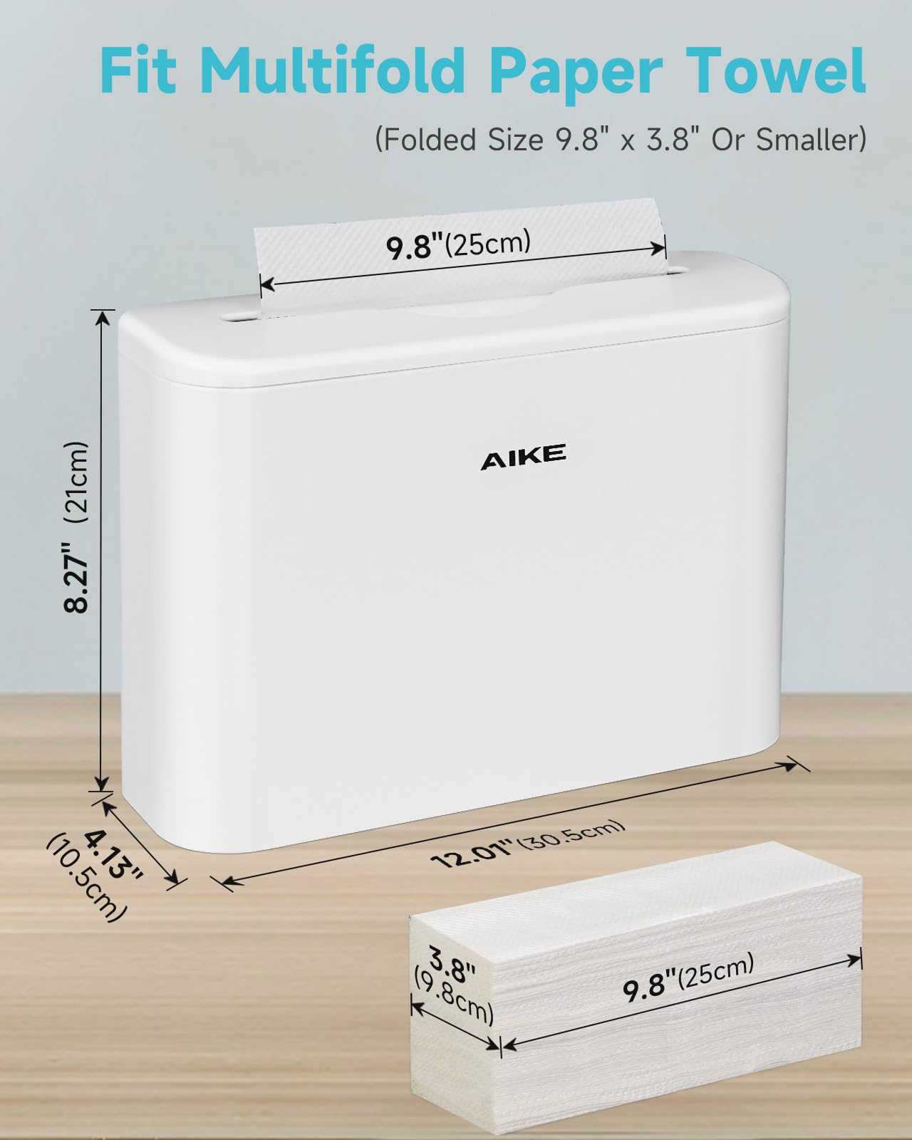 AIKE Dispensador de toallas de papel, capacidad de 200 hojas, se adapta a toallas de papel multipliegue, para el hogar y el comercio, color blanco (tamaño plegado de 9.8 x 3.8 pulgadas o más pequeño)