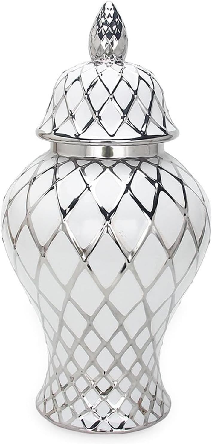 Ceramic Ginger Jar,Chinese Vase Temple Jars with Lid Flower Vases Porcelain Storage Centerpiece Containers Ornament Home Decor(Silver,20x42cm)