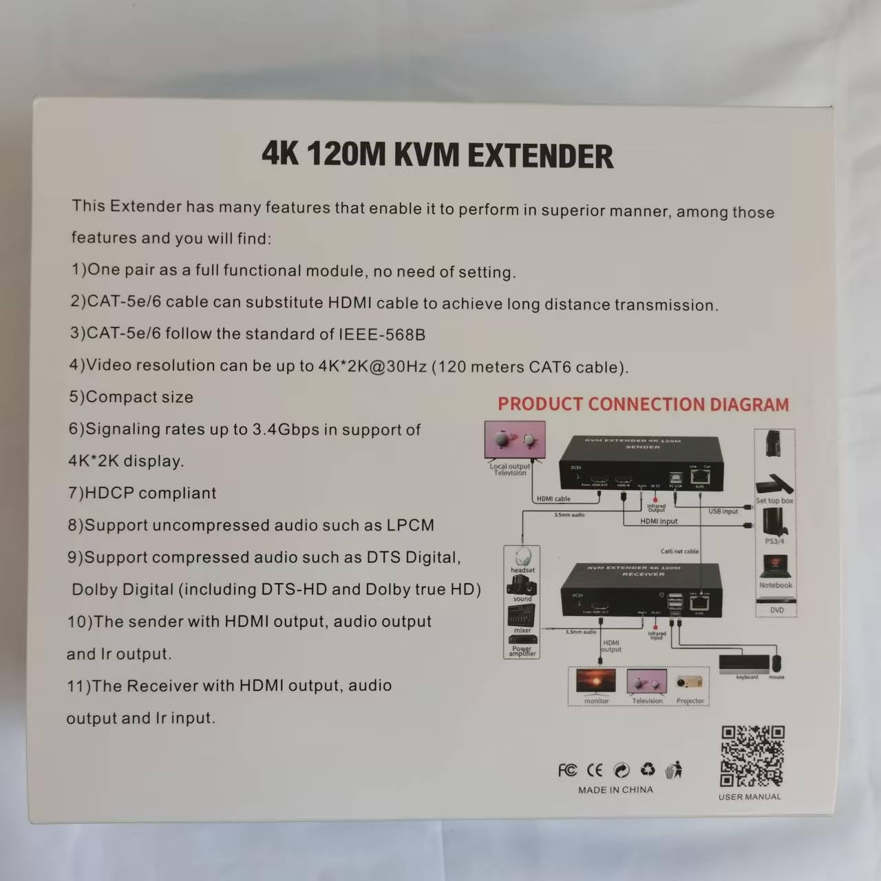 4K HDTV 120M KVM Extender HDMI-Compatible USB-A Clavier Souris 3.5mm AUX Alliage d'aluminium sur CAT6 RJ45 LAN Ethernet Extender (120M)