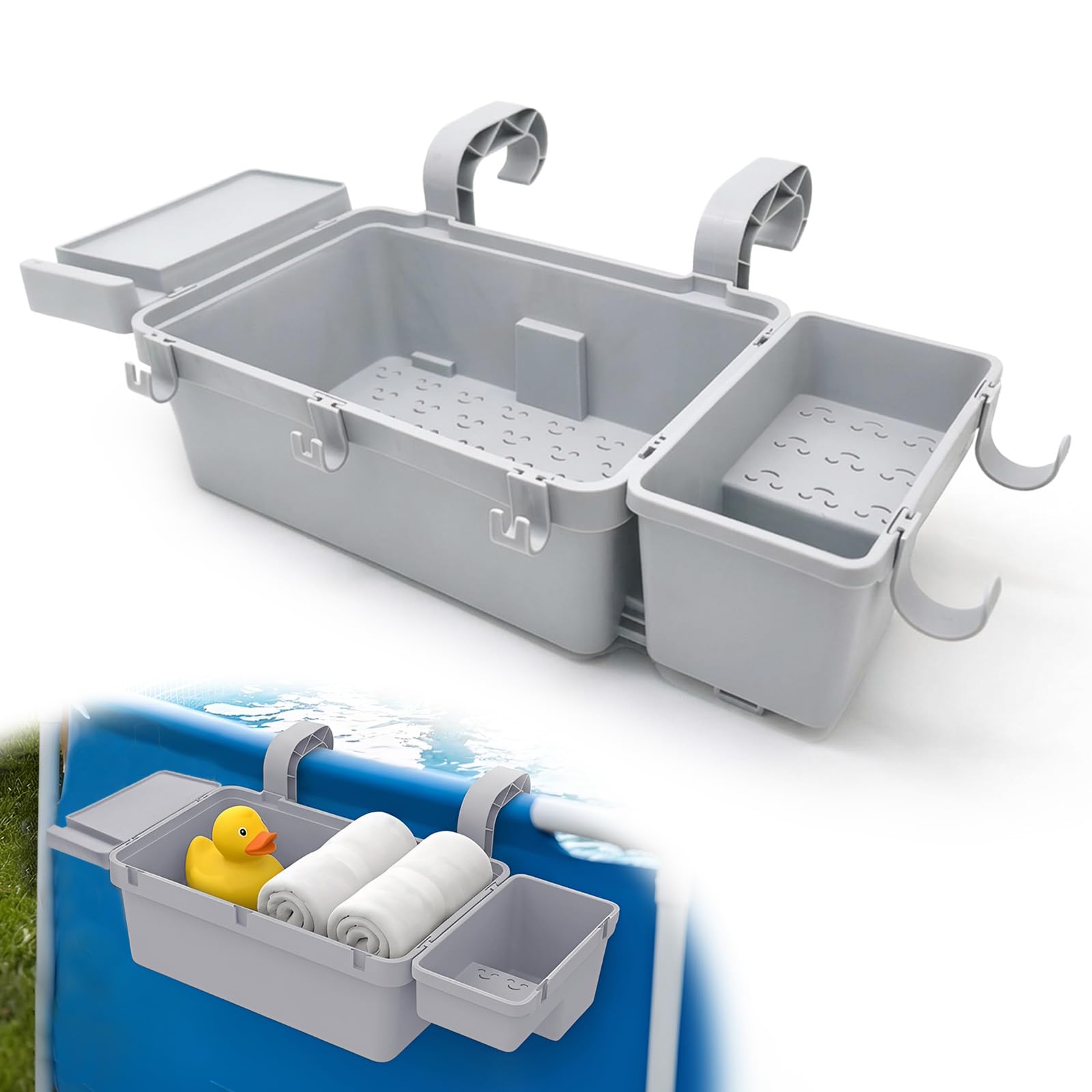 Getränkehalter Pool Set, Pool Aufbewahrungskorb Poolzubehör, Pool Korb aus Kunststoff mit Haken und Getränkehalter, Pool-Seitenkorb für Aufstellpool Schwimmbad Oberirdischen (Grau)