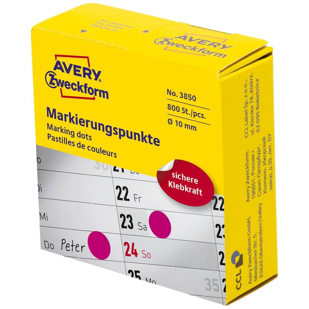 AVERY Zweckform 3850 Self-Adhesive Marking Dots, 800 Pieces (Diameter 10 mm, Adhesive Dots on Roll in Dispenser, Dot Stickers for Colour Coding, Round Stickers for Calendar, Planner and Crafts) Pink