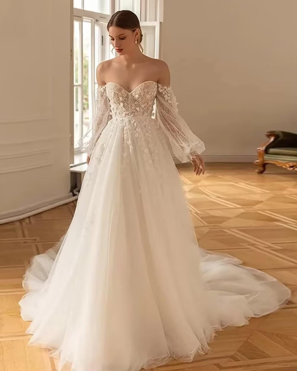 Lace Wedding Dresses for Bride 2026 V Neck Boho Beach Bridal Gowns with Train BOF35