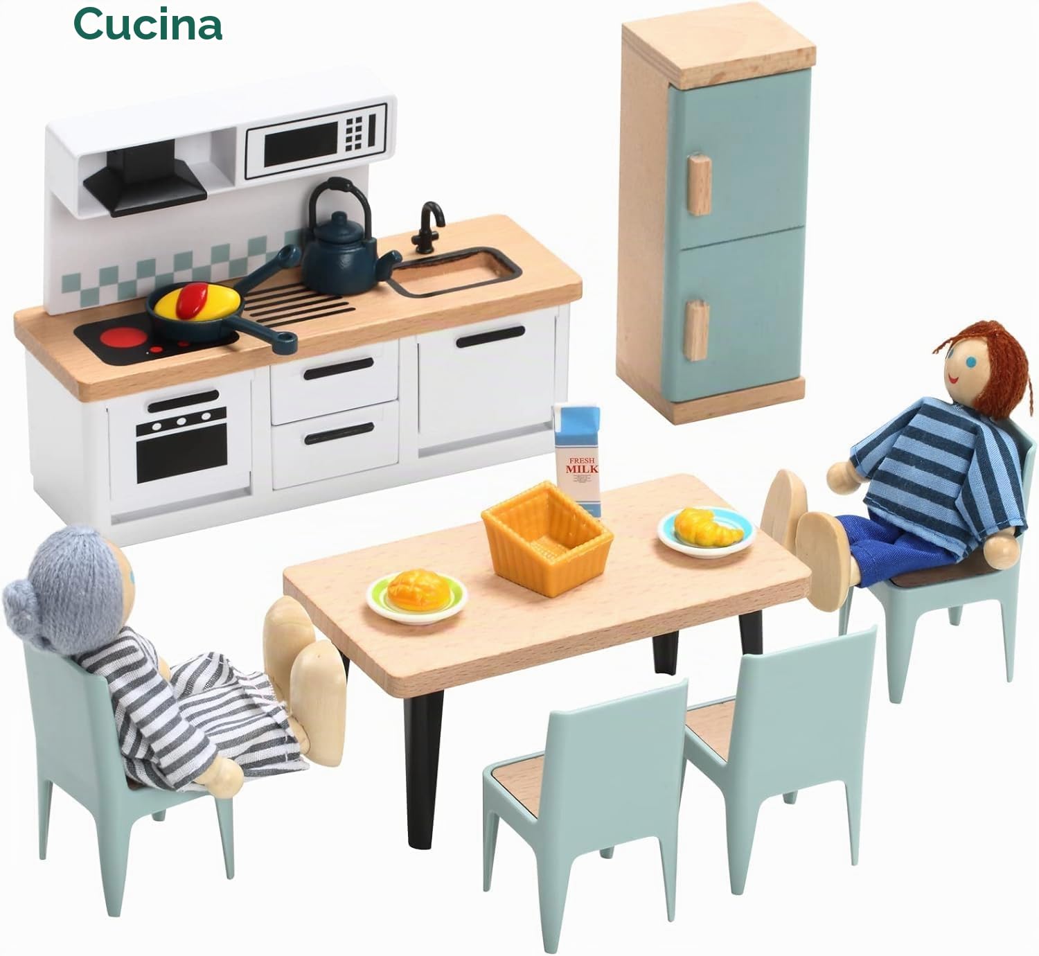 Giant bean Set di Mobili Casa Bambole Legno, 36 Mobili Casa Bambole con 4 Bambole di Famiglia, Accessori Casa Delle Bambole, Giocattoli Per Bambini dai 3 Anni In Su