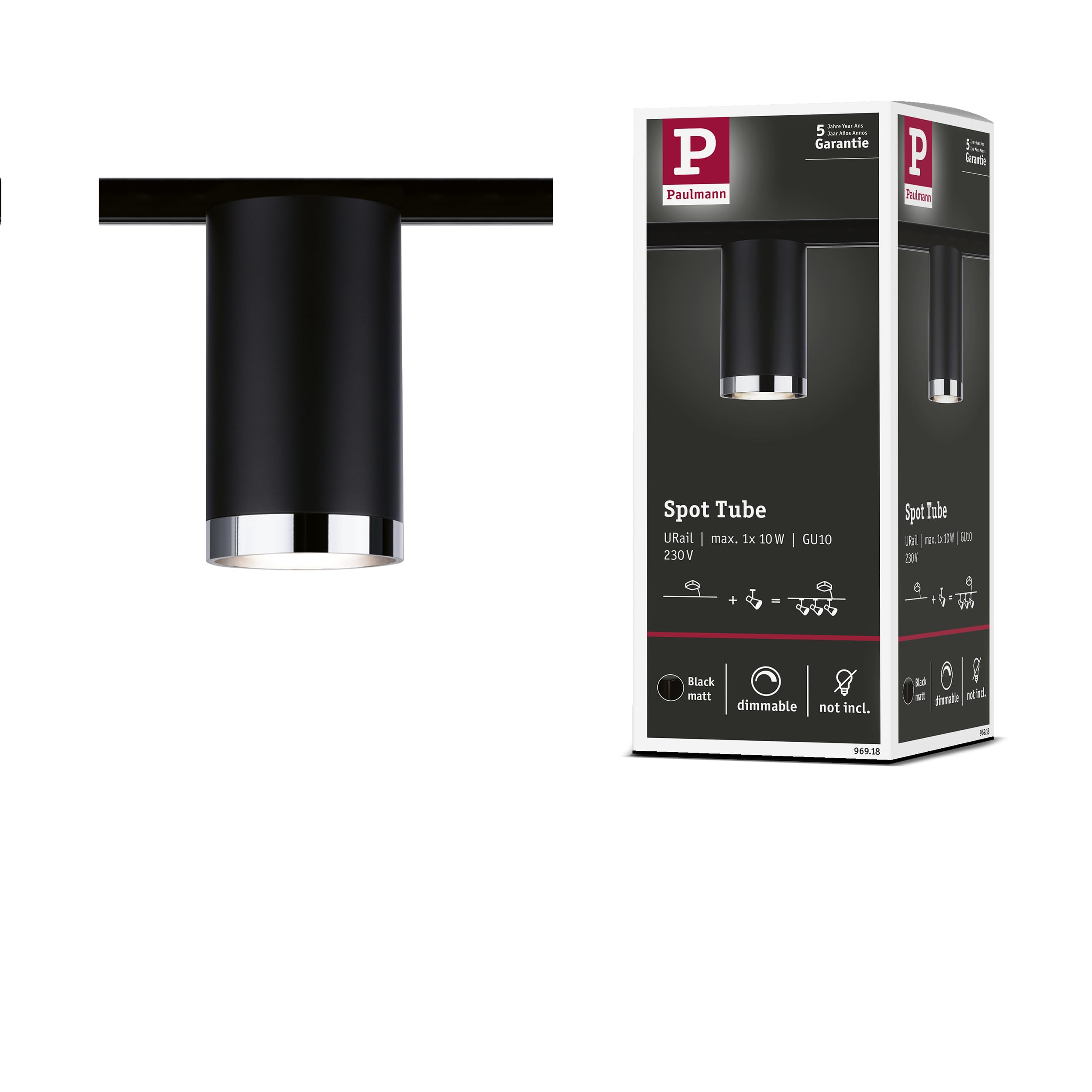 Paulmann Black Matt 96918 Tube Urail Individual Spot Gu10 Max. 10W Dimmable 230V Chrome Rail System – Choose Any Lamp