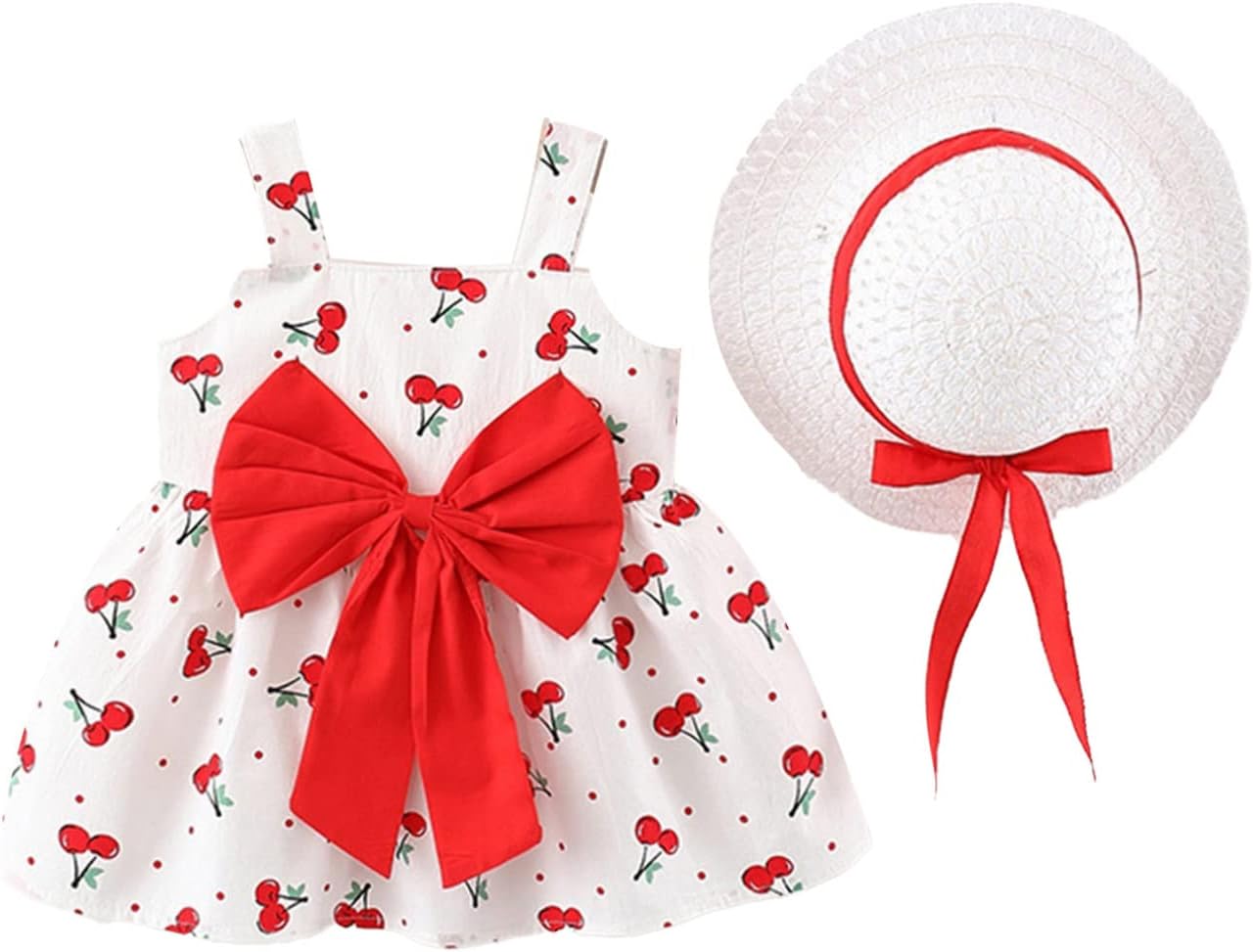 Toddler Baby Girls Summer Sleeveless Bowknot Dress Sundress + Straw Hat Holiday Outfits