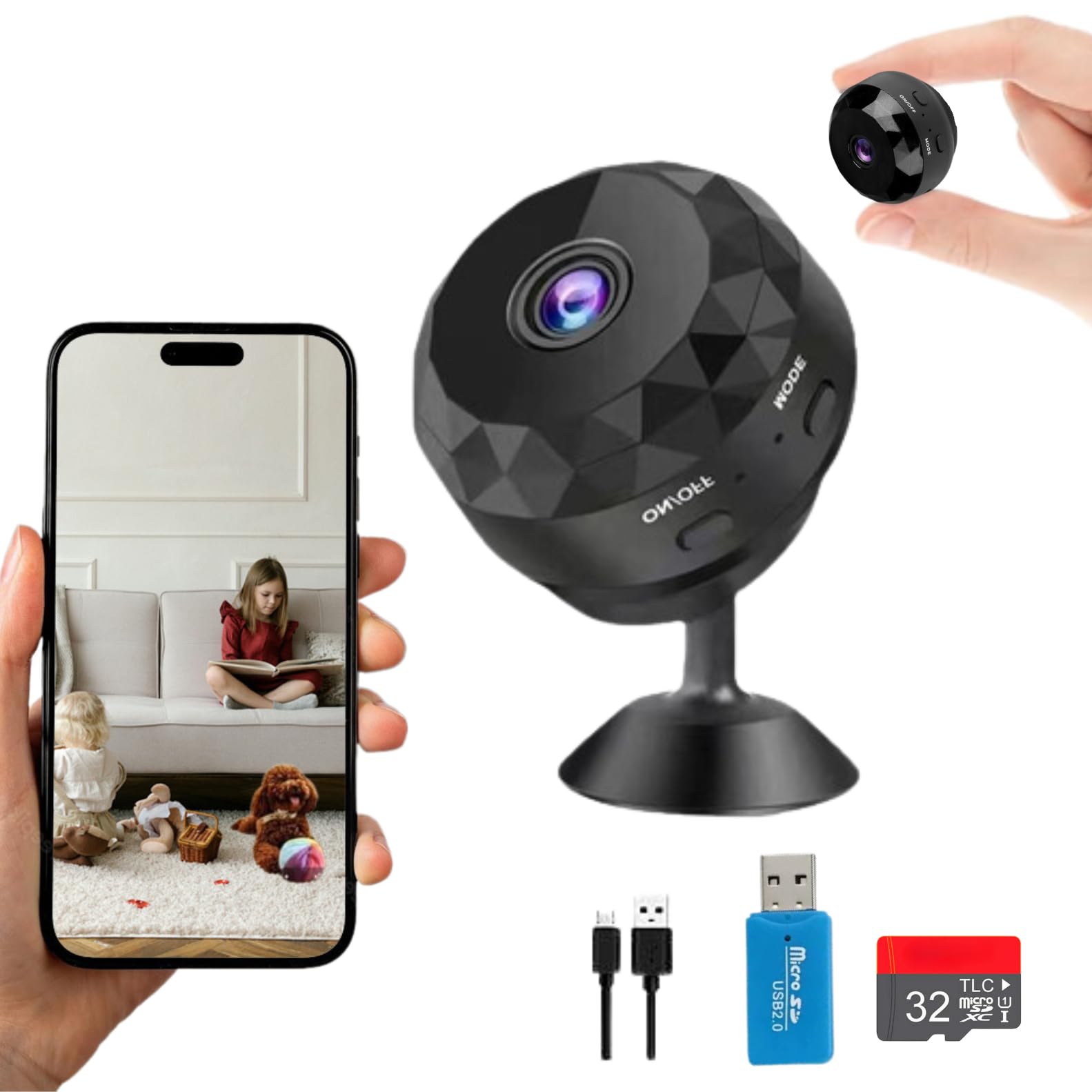 Camara Espia. Pack Cámara Vigilancia Wifi Interior (2.4GHz)(HD) + SD 32GB | Camara Mini Oculta Seguridad | Sensor Movimiento | Vigilancia para Bebe, Perros, Coche | Inalambrica a Bateria, Sin Cables