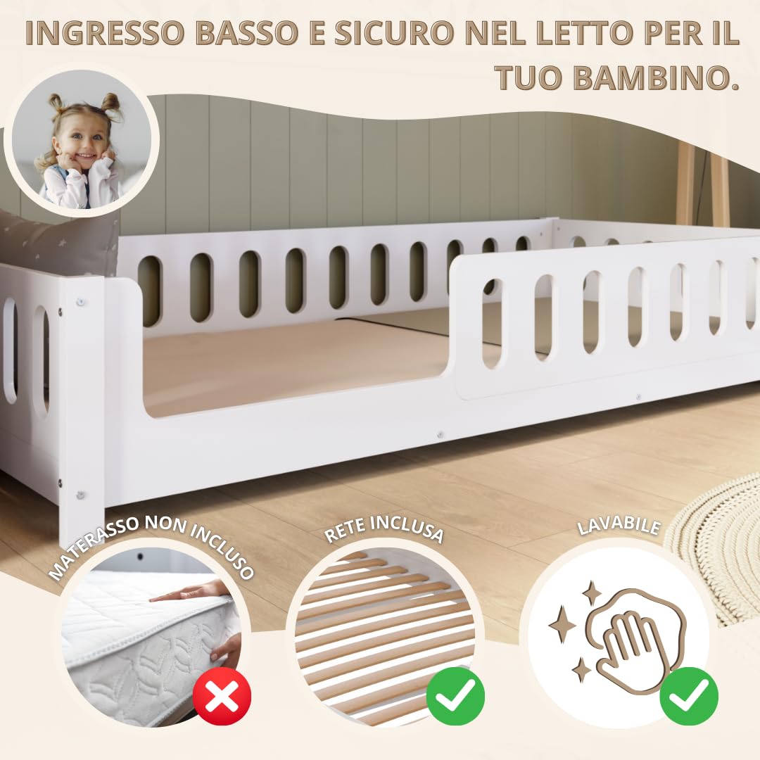 Letto per Bambini 160x80 cm – Letto Montessori a Pavimento Bianco con Barriera in MDF – Sicuro per Bambini Piccoli con Bordi Arrotondati – Ingresso a Sinistra – Crazy Ethan