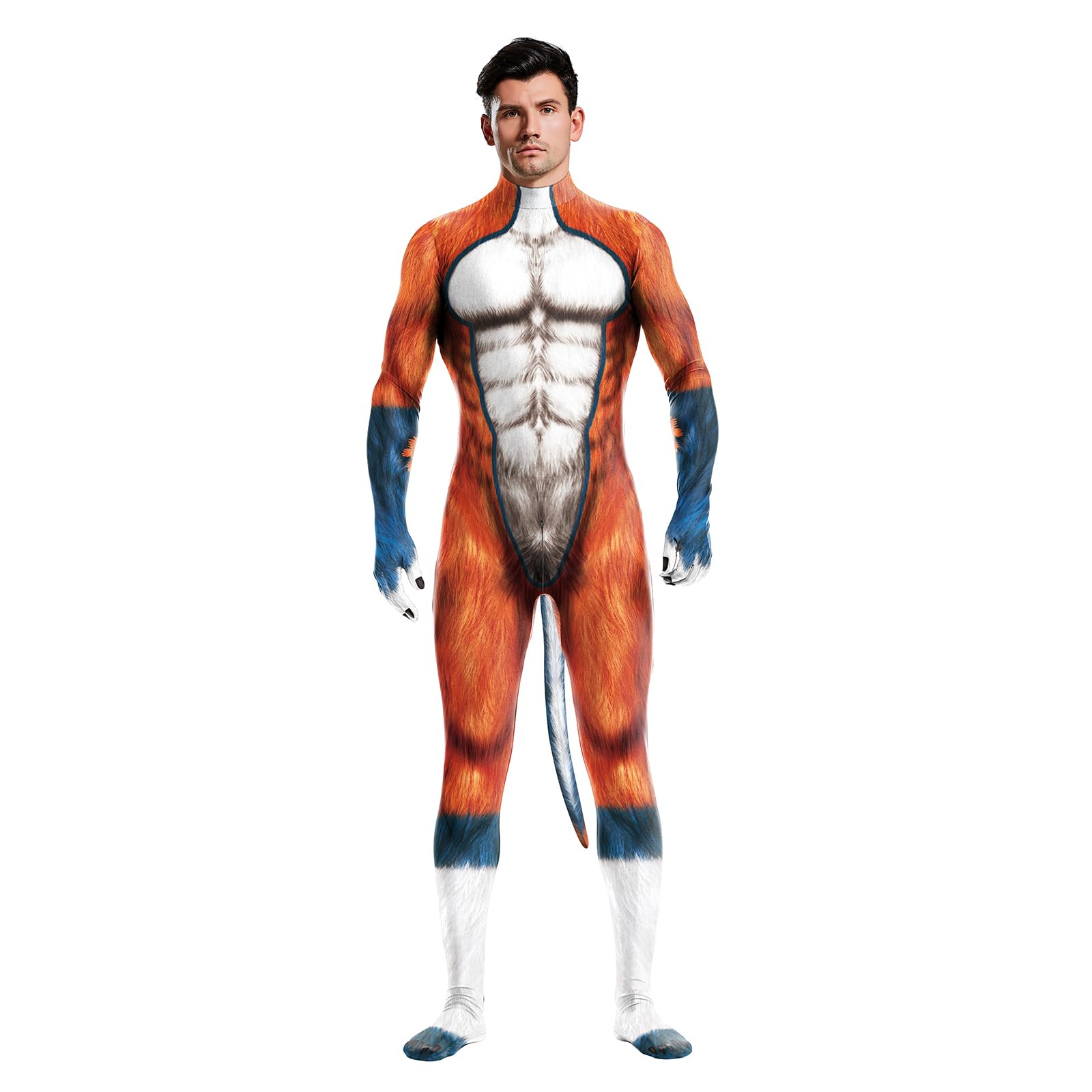Men's Animal Bodysuit Costume with Big Tail Print Petsuit Spandex Furry Jumpsuit Cosplay Halloween Party