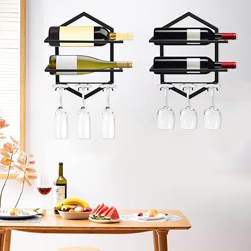 Miniatura 8 de Estante para copas de vino montado en la pared, soporte de metal para colgar copas de vino con capacidad para 3 tazas y 2 botellas, almacenamiento