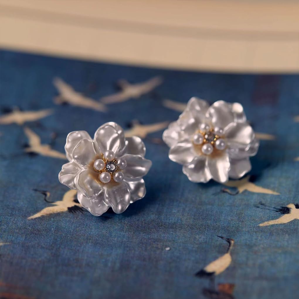 Charm Pearl Flower Stud Earrings for Women, Chunky Resin Cluster Pearls Floral Dangle Statement Earrings Trendy Aesthetic Prom Camellia Jewelry - Image 8