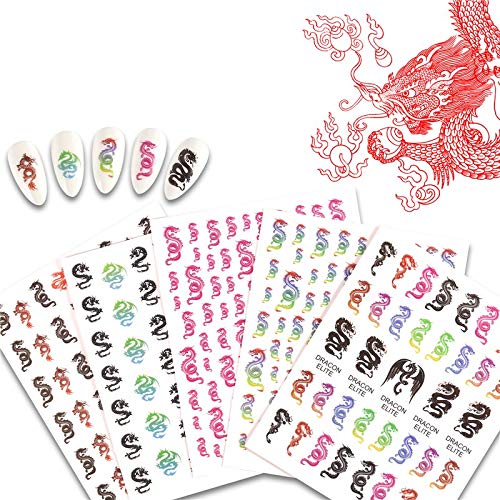DouborQ 5 Sheets Dragon Nail Art Stickers Self-Adhesive 3D Design Nail Decals for DIY Nail Art Tattoo Decoration (Multicolor)