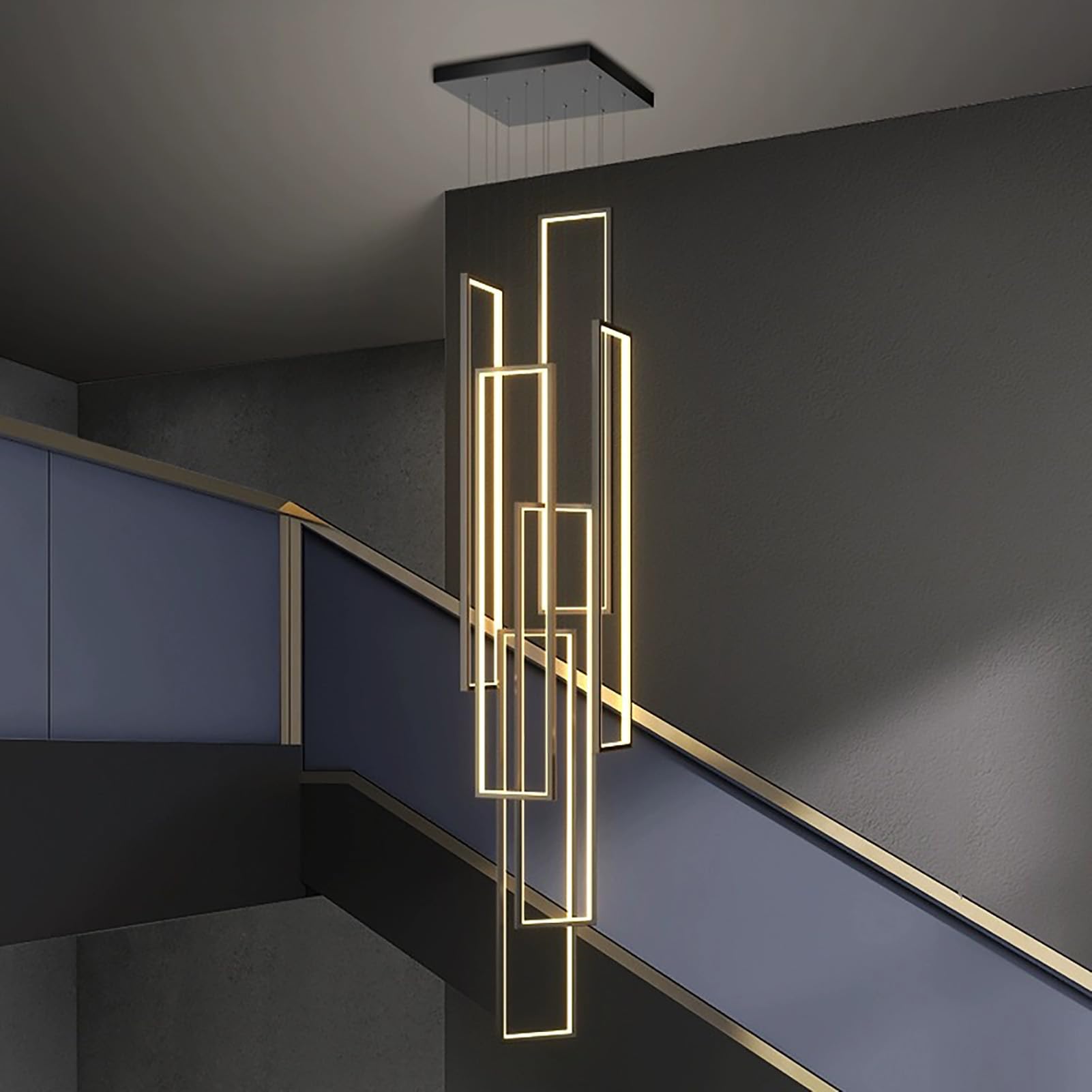 Duża prostokątna lampa wisząca LED do wysokich sufitów, 150 cm (59 cali) 3-świetlna lampa wisząca na schody, hale hotelowe i wille - nowoczesny czarny żyrandol (Nero
