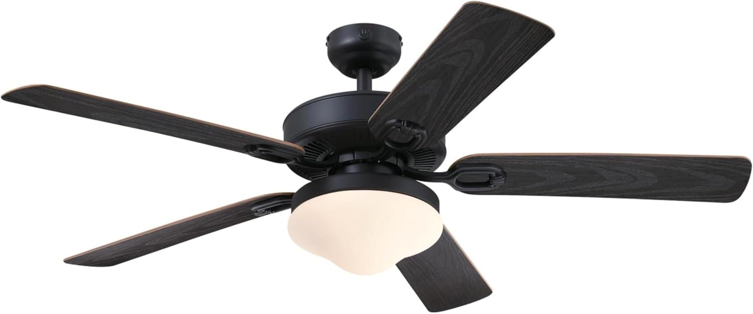 Westinghouse Lighting Deacon Traditional Indoor/Outdoor Ceiling Fan, LED Light Fixture with Opal Frosted Glass, Remote Control, 52 Inch, Matte Black Finish