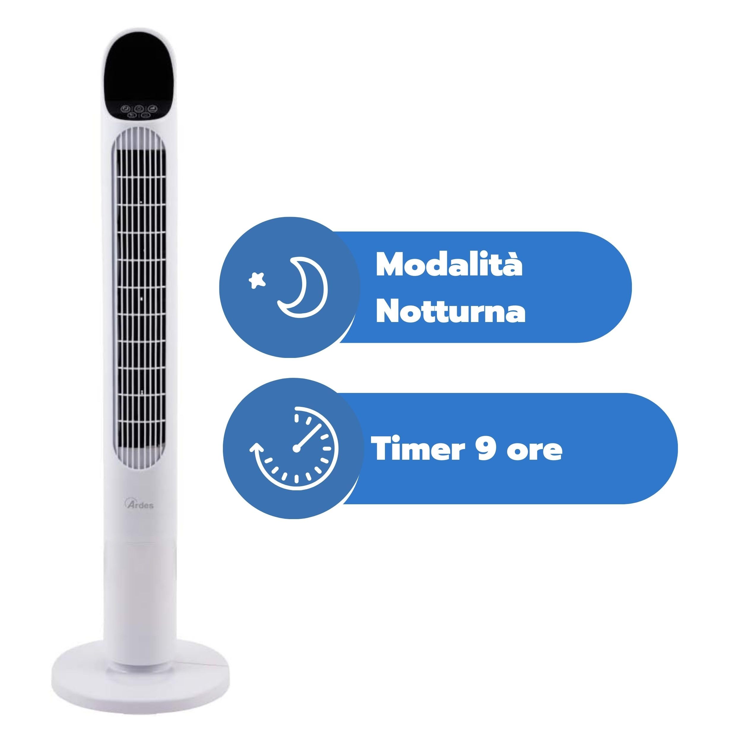 ARDES Ventilador en Columna Altura Torre 100 cm de Oscilación Automática con Telemando y Panel de Control Digital con 3 Intensidades y Temporizador Ventilador Torre Blanco AR5T1000