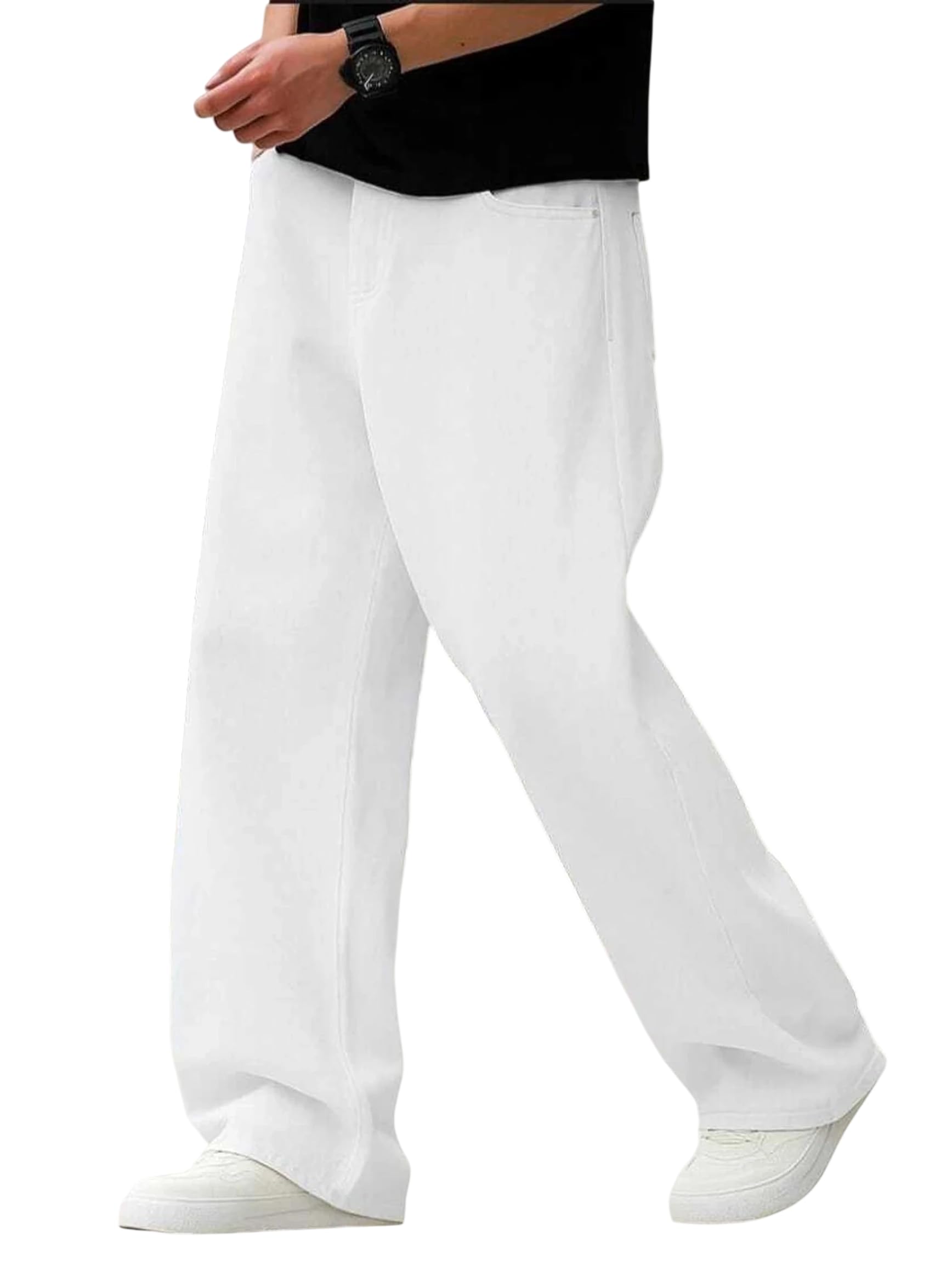 Men's Baggy Fit Mid Rise White Denim Jeans | Loose Fit Solid Full Length Casual Jeans-image-13
