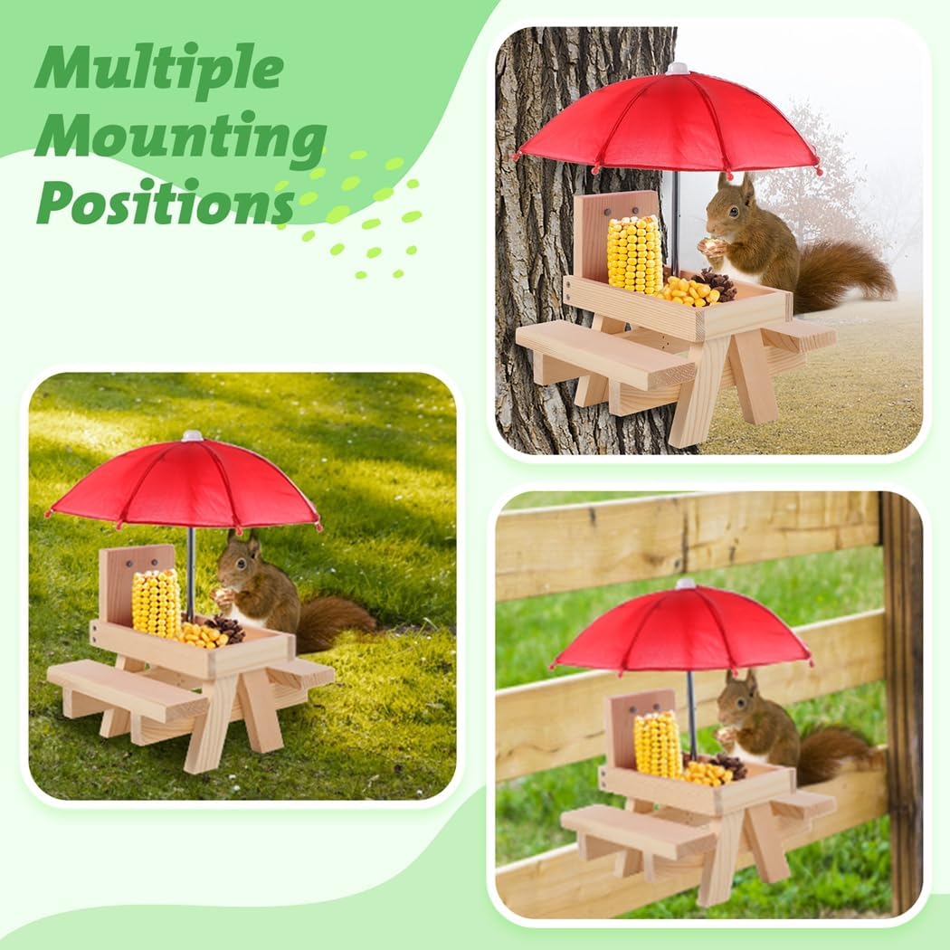 Wooden Squirrel Picnic Table with Corn Holder, Chipmunk Feeder with Umbrella and Benches, Stable Outdoor Dining Table for Squirrels