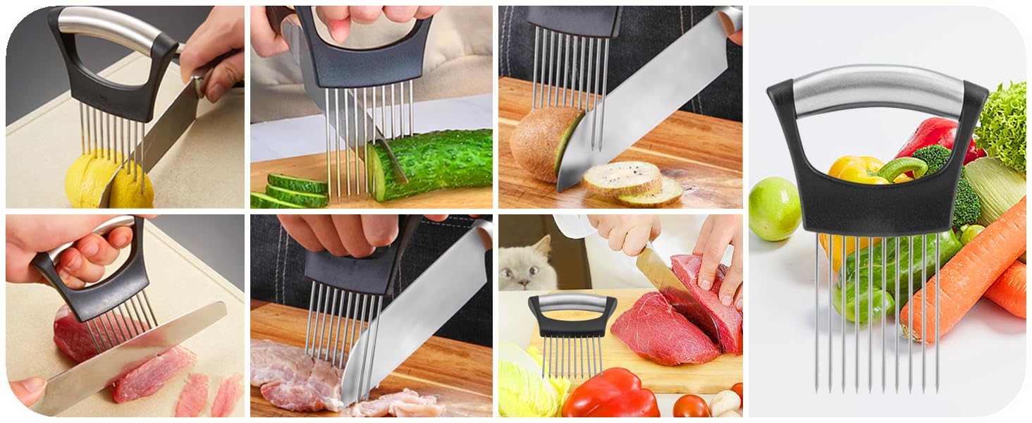 Soporte de cebolla y herramienta cortadora de alimentos – Acero inoxidable para cortar verduras y frutas para un corte fácil y seguro (negro) 7