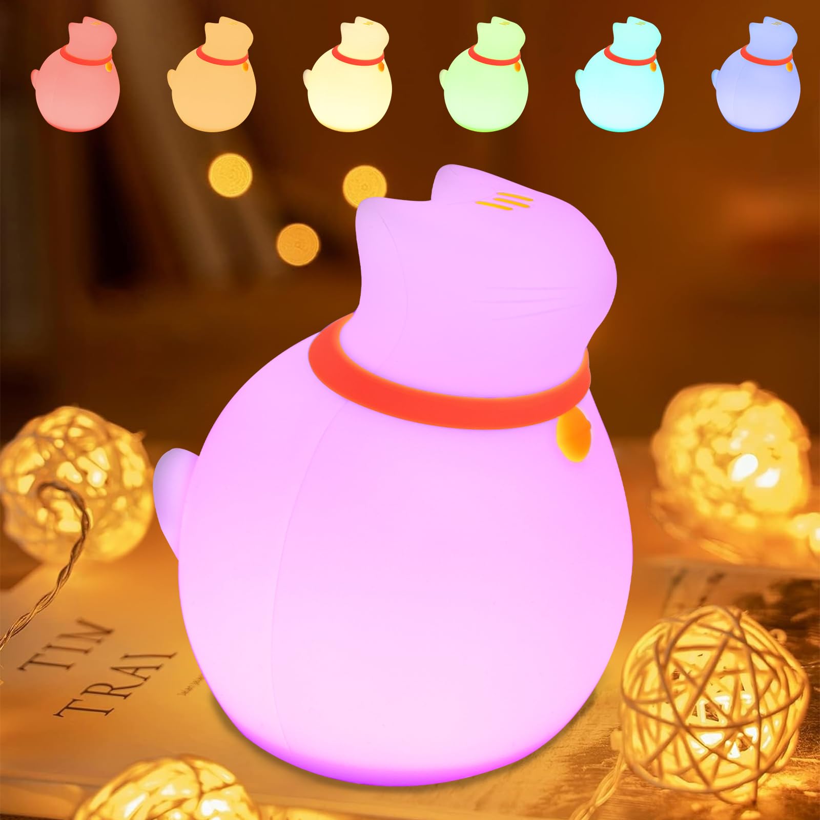 MAGOHMT 7-Color Changing Cat Night Light, Silicone Rechargeable Nursery Light with Timer & 3 Modes, Kids Bedroom Lamp Touch Sensor (Cute Animal Design