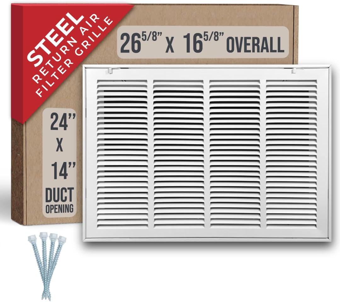 Fits 24x14 Duct Opening | Steel Return Air Filter Grille by Handua [Removable Door] for 1-inch Filters | Vent Cover Grill | White | HVAC Cold Air Intake Grille | Out Dim: 26 5/8"W X 16 5/8"H 24"W x 14"H [Duct Opening]