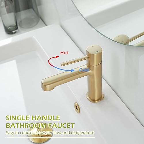 Miniatura 3 de BWE Grifo de lavabo de baño de oro cepillado, 1 agujero, mango único, grifo mezclador comercial con tapón de drenaje desplegable y manguera de