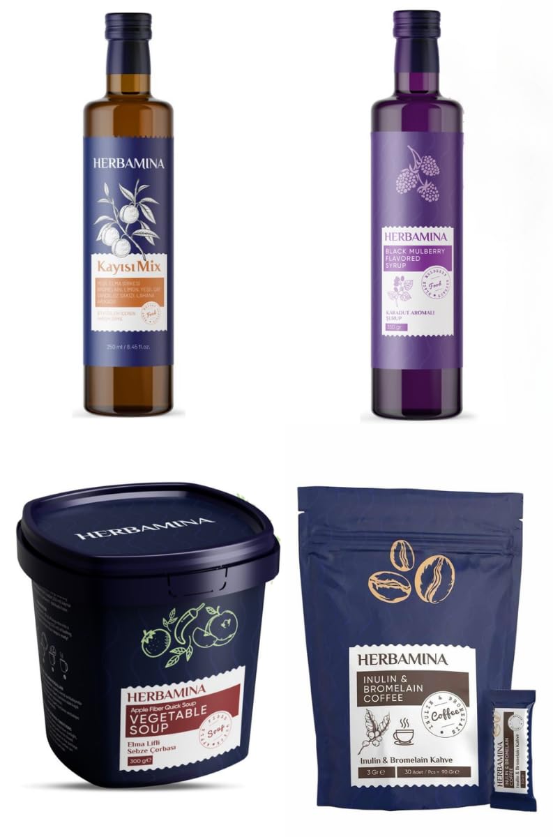 Herbamina – Doğal Bitkisel Karışımlar, Fonksiyonel Kahve ve Kolajen Destekli Ürün Serisi | Kayısı Mix, Karadut Aromalı Şurup, İnulin & Bromelain Kahve, Kolajen Coffee Creamer | Günlük Kullanıma Uygun