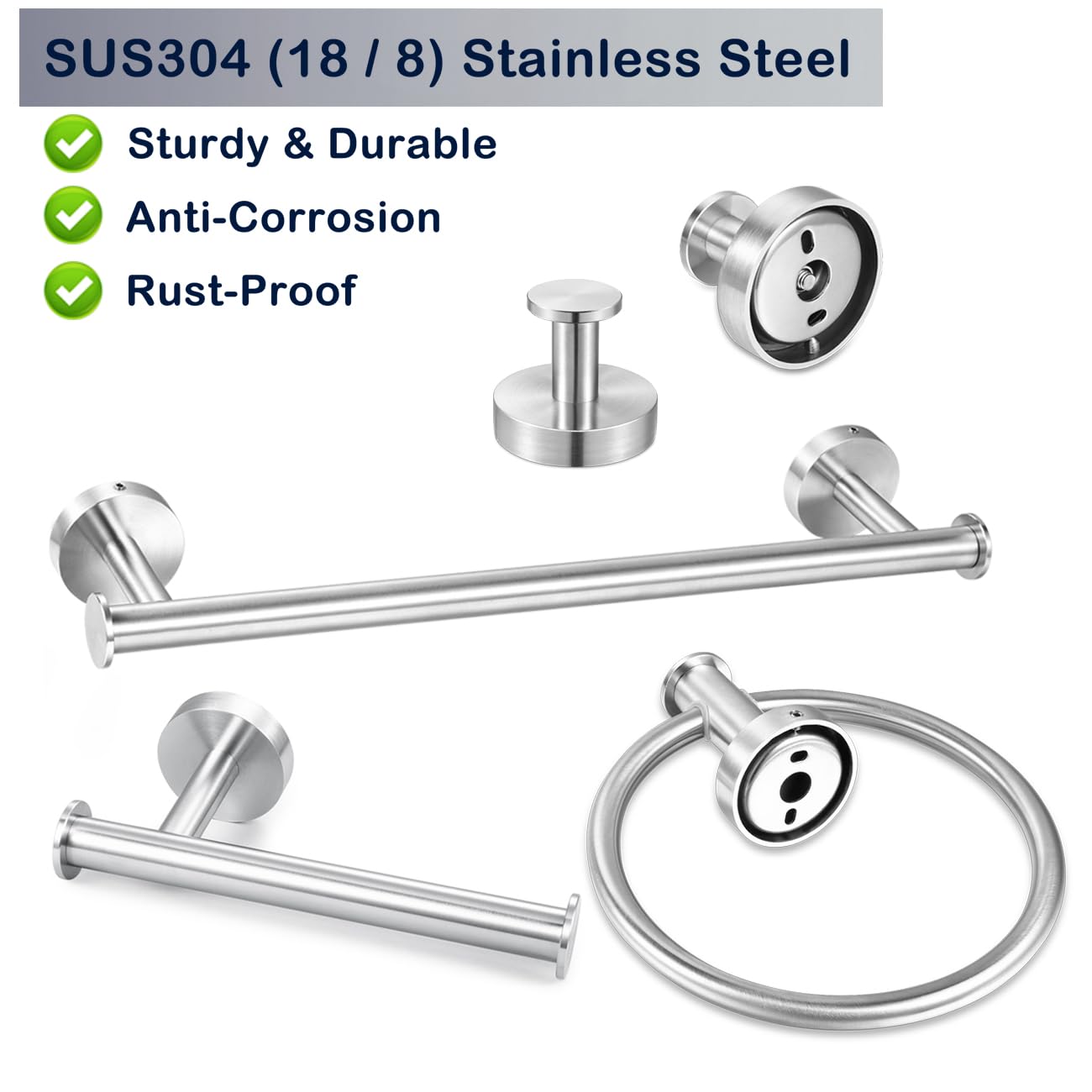 5-Piece Bathroom Hardware Set In Brushed Nickel - Includes Towel Bar, Toilet Paper Holder, Rings & Hooks