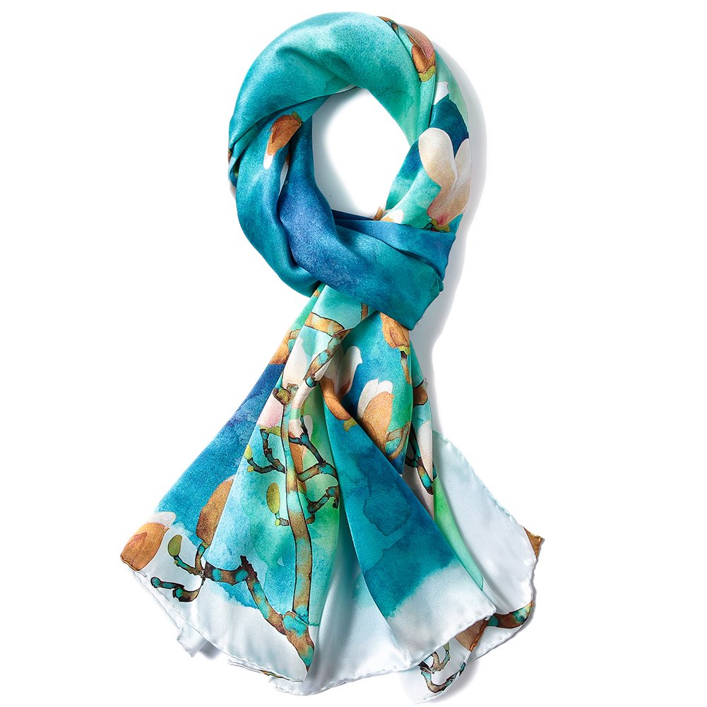 STORY OF SHANGHAI Sciarpa di 100% Seta Charmeuse da Donna Foulard a Raso con Fantasie Orientale, 56x177cm