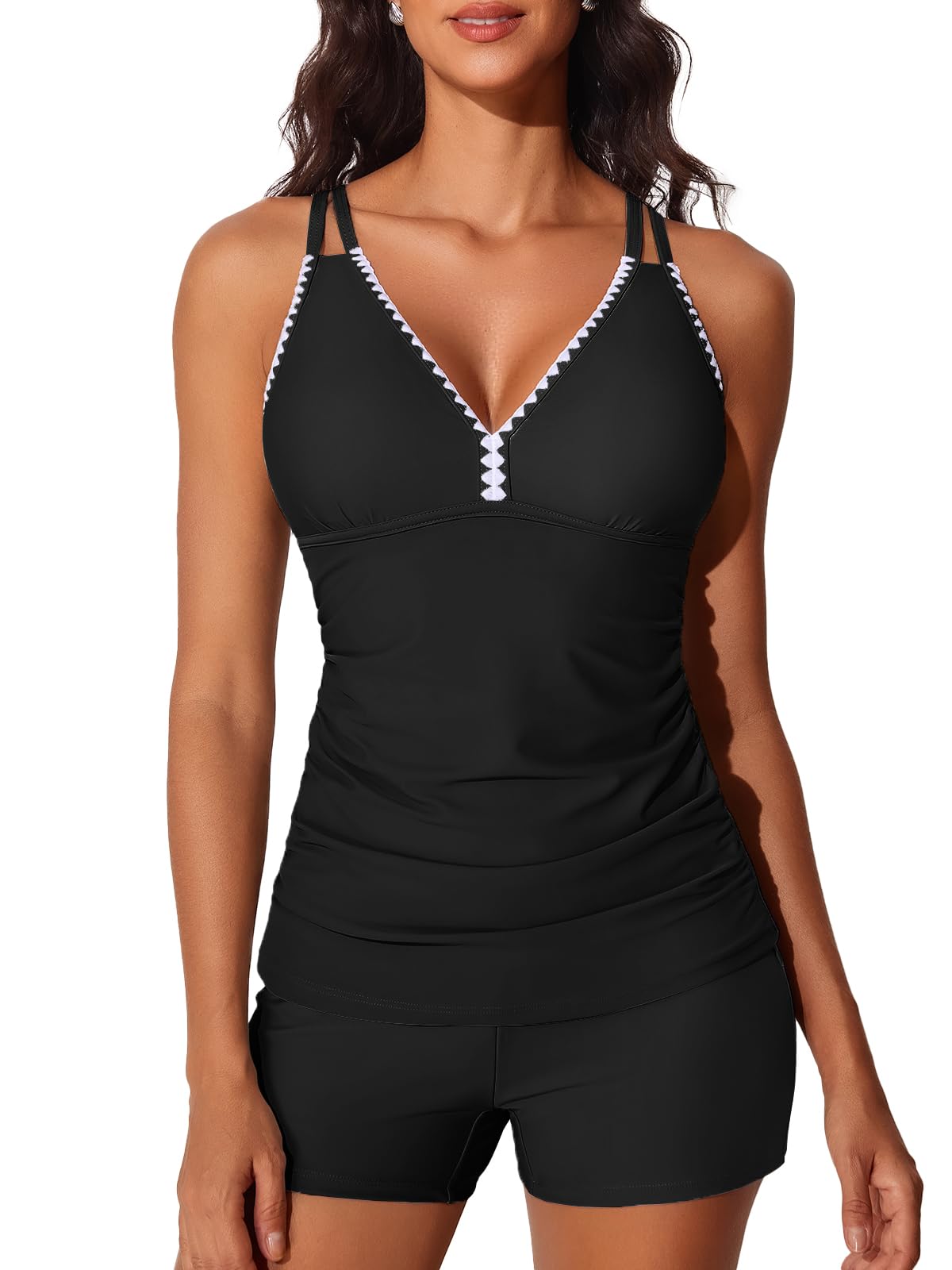 Summer Mae V-Neck Women Tankini Swimsuits Two-Piece with Side Pockets Swim Shorts 2025 Tie-Back Straps Bathing Suits