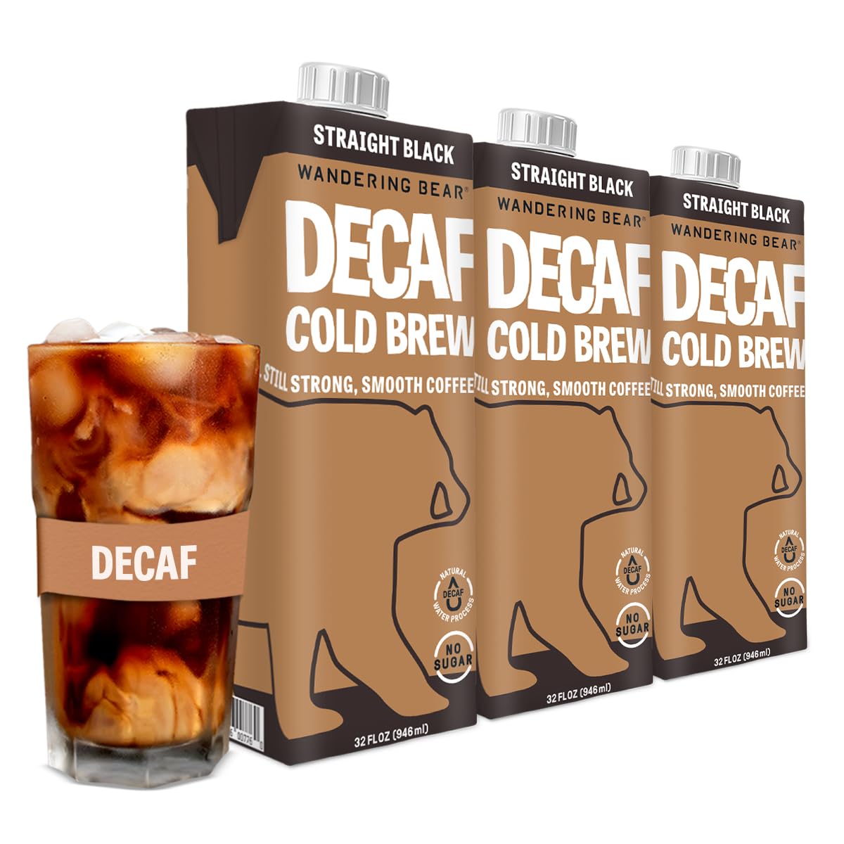 Wandering Bear DECAF Cold Brew Coffee, 32 fl oz, 3 pack - Smooth, Bold, Unsweetened, Shelf-Stable, and Ready to Drink Iced Coffee, Cold Brewed Coffee, Cold Coffee