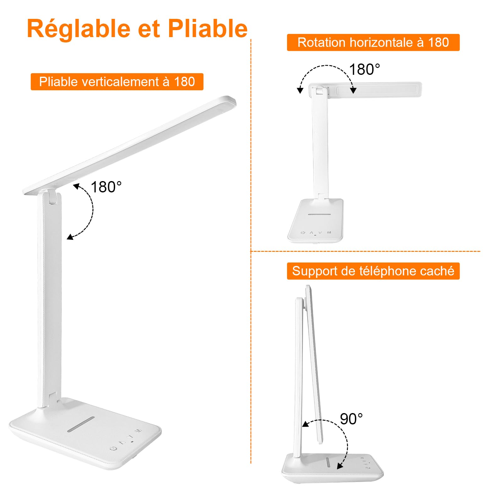 Lámpara de escritorio LED con adaptador, plegable, lámpara de noche regulable con 5 modos de color y 5 niveles de brillo, puerto de carga USB, para lectura de trabajo (blanco, pro)