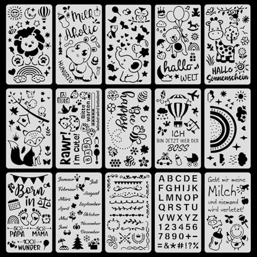 BOOMTOP 15 Stück Schablonen Baby Malschablonen Babyparty Lätzchen Schablonen zum Malen für Stoffmalerei Babyshower Tiere Malvorlagen für Gender Reveal Party Onesies Body Tasche Hemd Schuhe 18x10cm