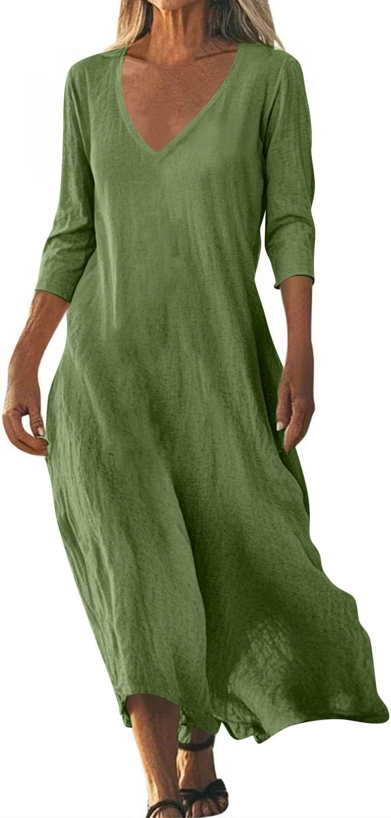 Linen Dresses for Women UK Elegant Flowy Solid Color 3/4 Sleeve Cotton Linen Maxi Dress Oversized Loose V Neck Long Dresses with Hem Beach Sundress