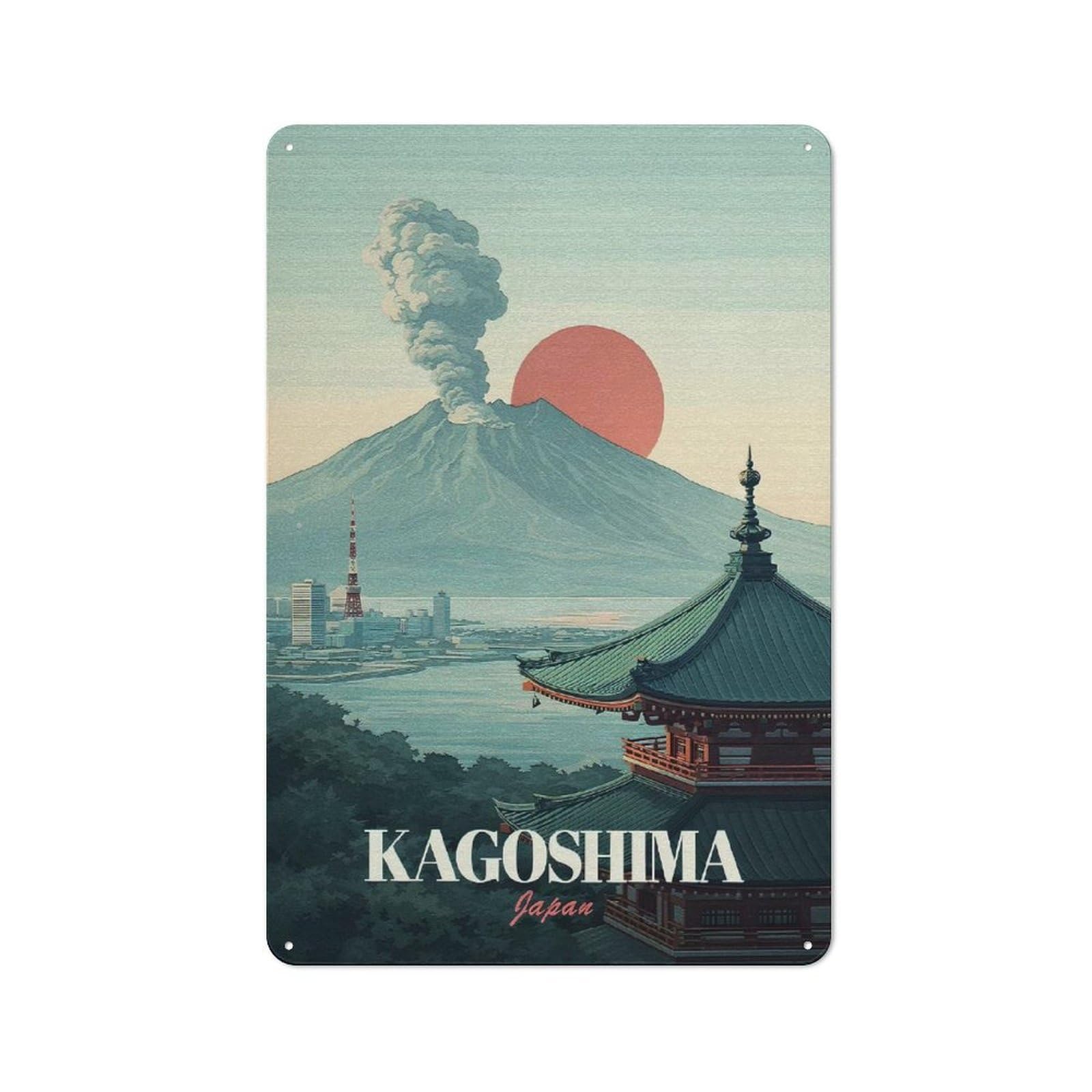 Junmoney Style-17 Urban Kagoshima Japan Travel Decorative Metal Plaque 30X20cm, Urban Room Decor For Flat, Bar, Studio Or Gallery Wall