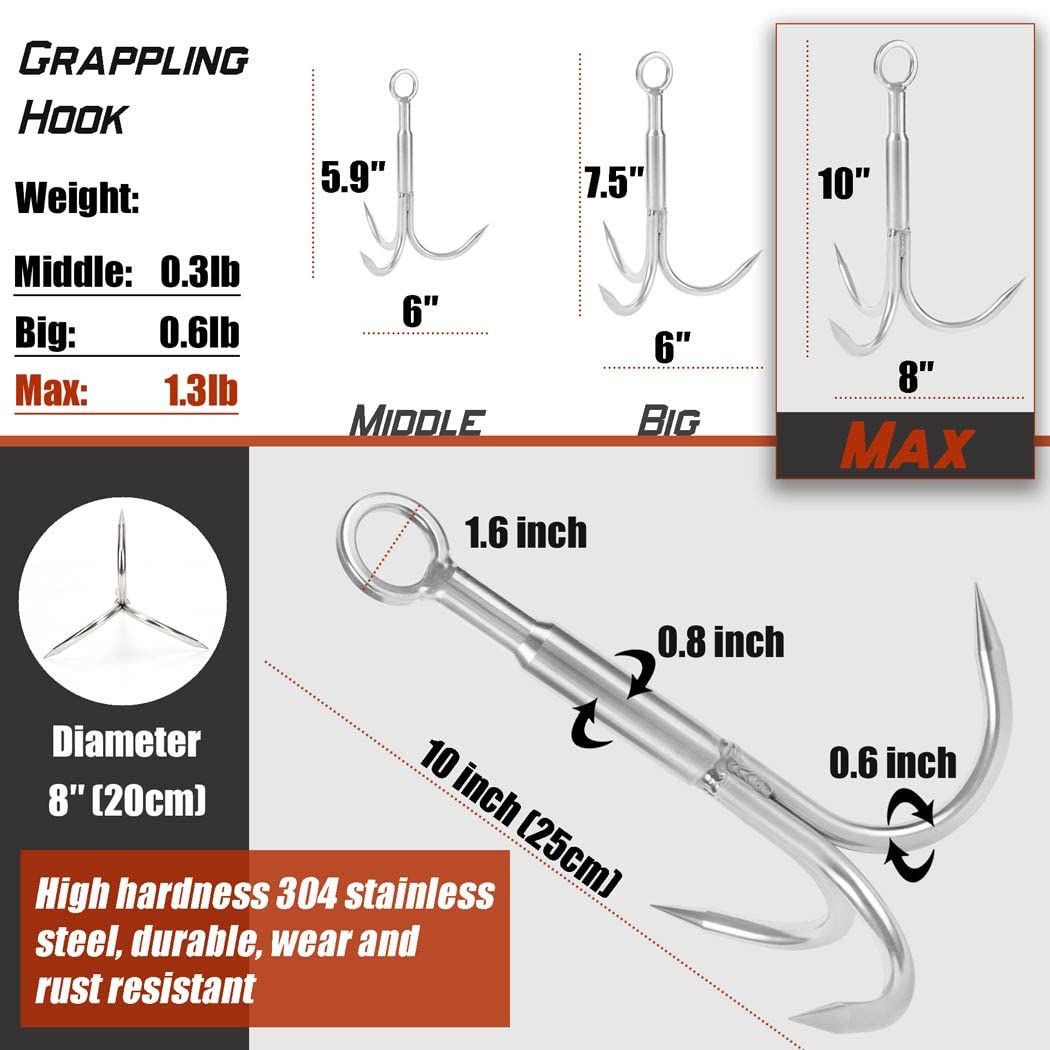 PIOSRTRR Grappling Hook with Rope-Includes Nylon Rope 6/8/10mm 50FT,Large Grapple Hook(Heavy Duty) and Double Carabiner,for Magnet Fishing/Drag/Tree Limb Removal : Sports & Outdoors