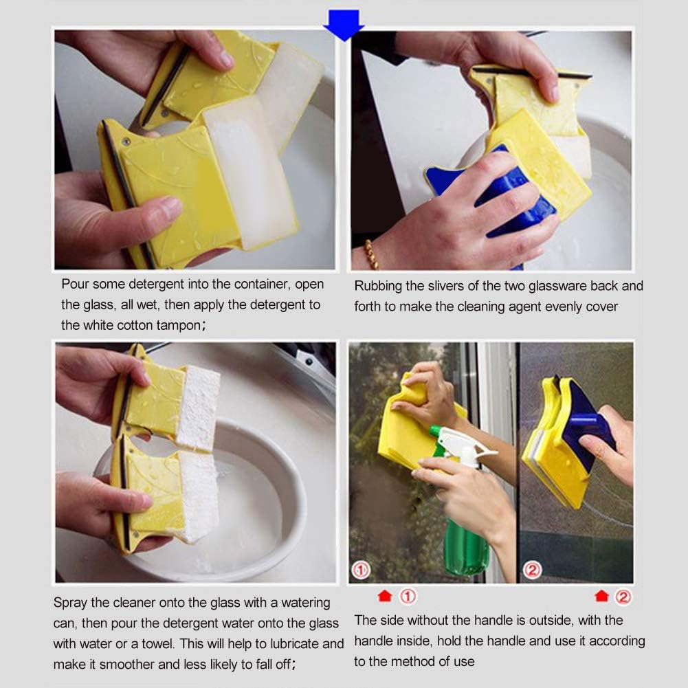 Yosoo Square Shape Double-Side Magnetic Glass Cleaner Wiper,with 2 Extra Cotton,for Window, Squeegee Washing Kit Equipment Household Cleaner