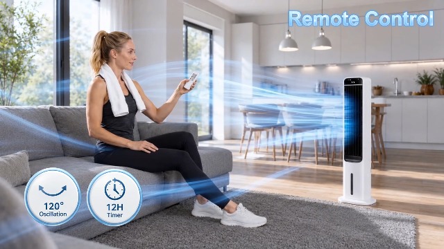 Image of Portable Evaporative Air Cooler, 2 in 1 Swamp Cooling Tower Fan with Remote, 4 Ice Packs, 50 Oscillation, 12H Timer, 3 Speeds 3 Modes, Fans That Blow Cold Air for Home Bedroom Office, White
