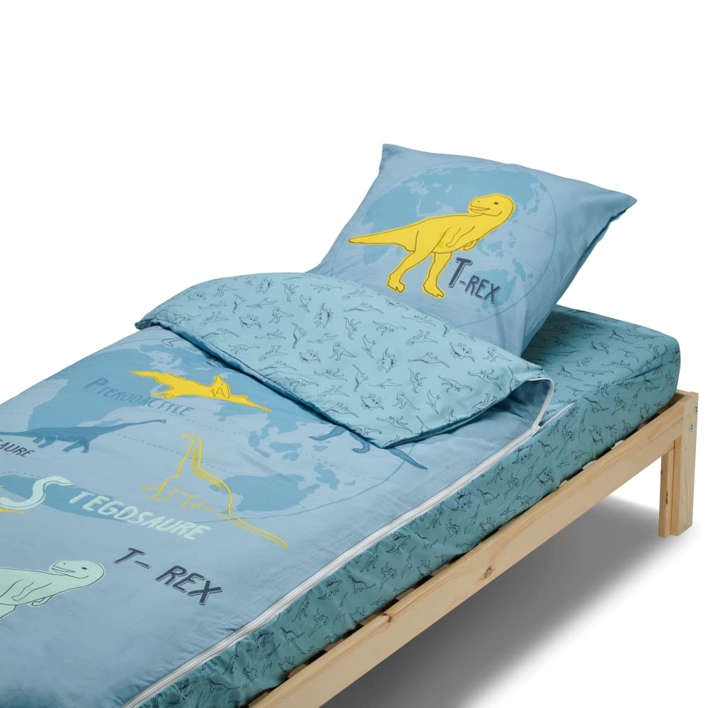 Caradou Parure de Lit Enfant T-Rex, 3 Pièces sans Couette, 90x190 cm, Coton, Bleu Vert