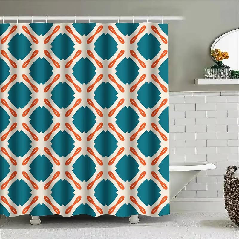 Rideau de douche 150x180 géométrique bleu et orange en tissu imperméable