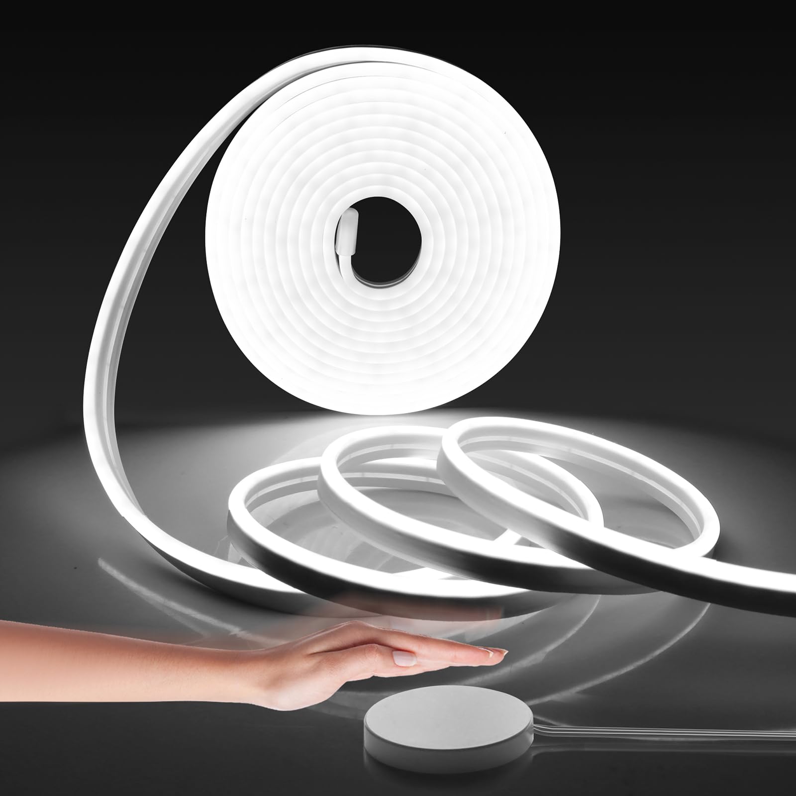 LRGBST 10M White Neon LED Strip, 24V Dimmable Neon LED Strip Light with Hide Touch and Hand Sweep Dimmer Switch for Indoor Wardrobe Acoustic Panel Decoration Lighting