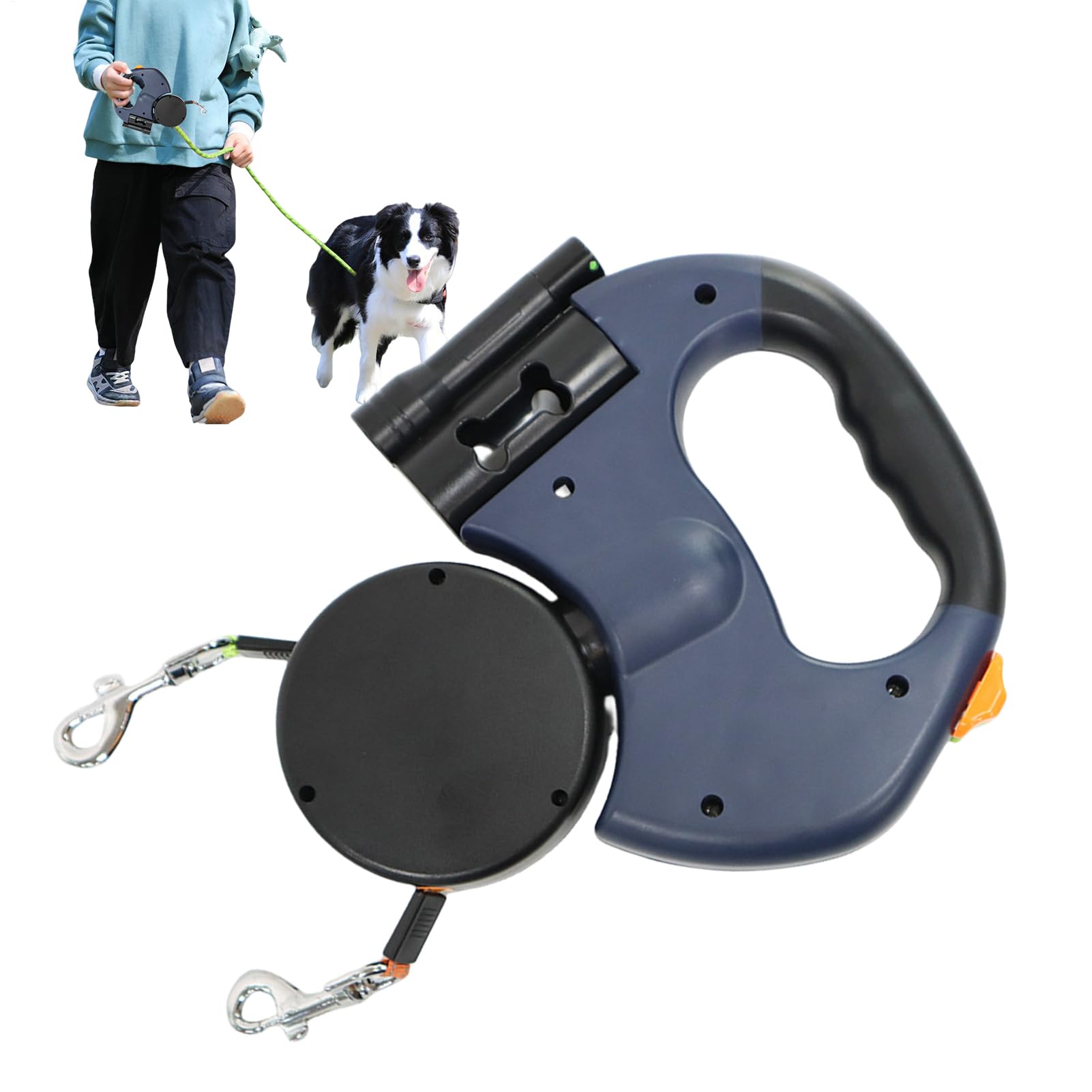 Laisse Rétractable Pour Chien 5 M - Double Rotatif, Bande Réfléchissante, Torche, Pour Promenades Nocturnes